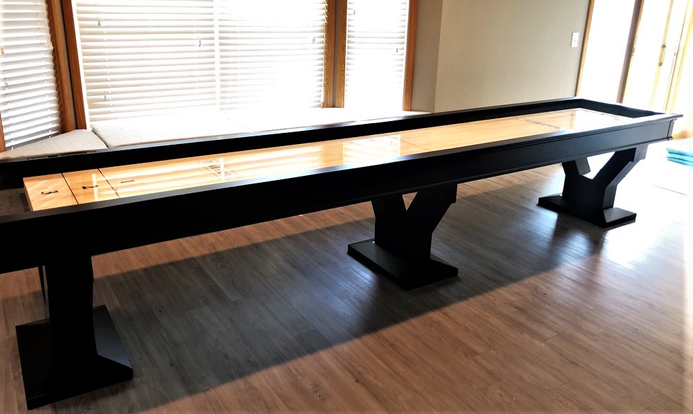 Transmotion Delivery Assembly Installation Relocation of a Plank And Hide 14' Gaston Shuffleboard in Gurnee IL Illinois Indiana Wisconsin Michigan California Washington Fun Family Friends Mancave America Game Gametable Party Basement