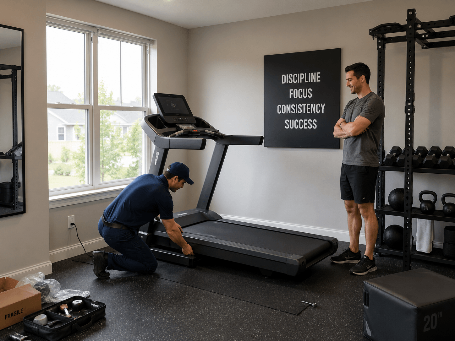 Transmotion technician installing a treadmill in a residential home gym