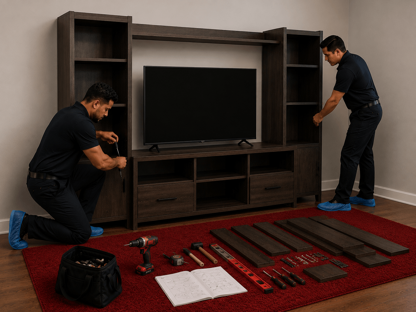 Transmotion crew assembling an entertainment center and shelving