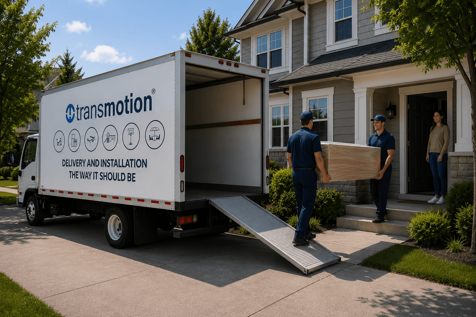 Branded Transmotion crew delivering to a customer's door