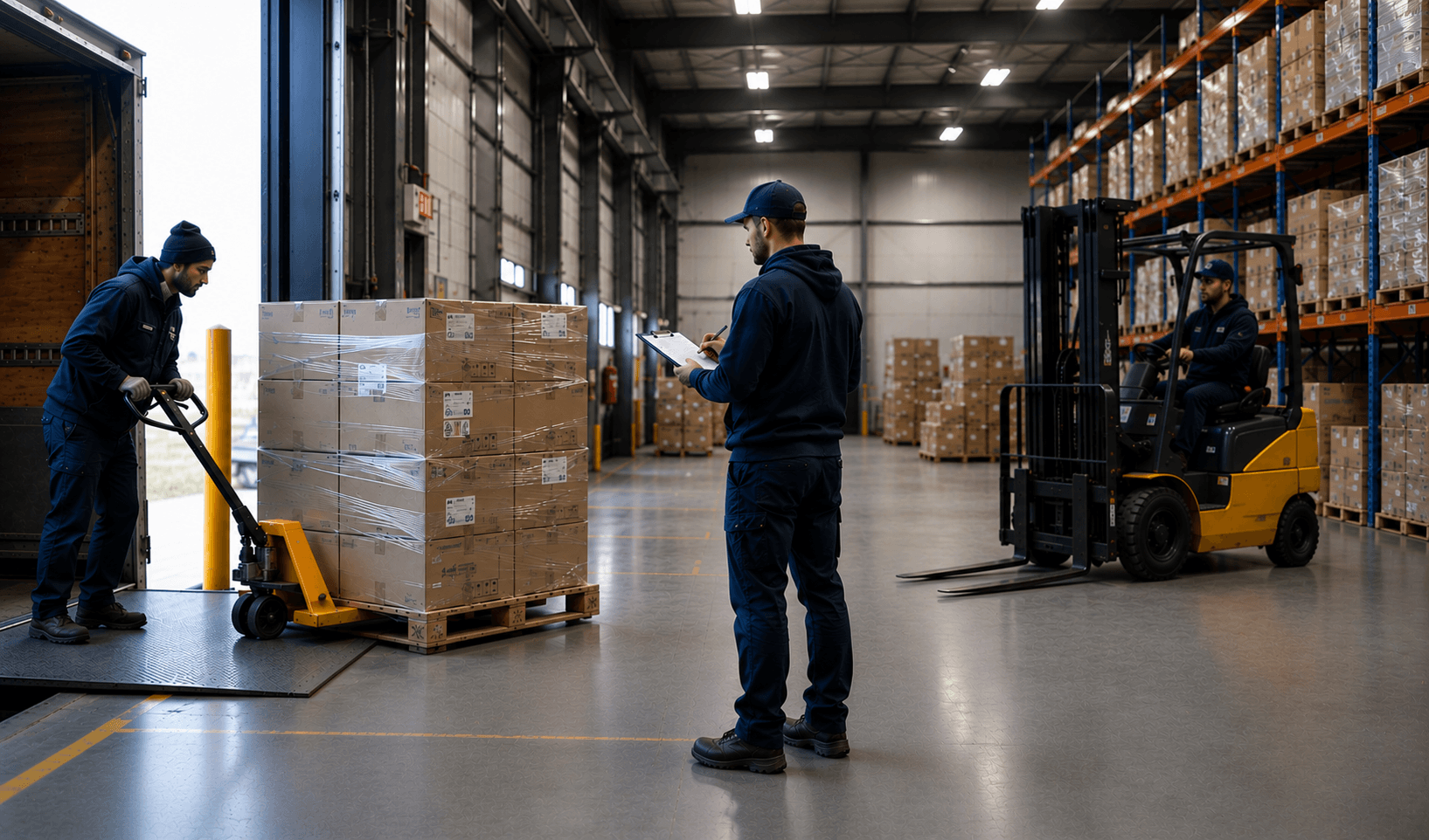 Warehouse crew receiving and inspecting packages on the dock